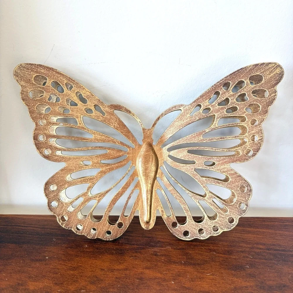 Vintage Gold Metal Butterfly Wall Hanging Filigree Openwork Decor 8 Inch